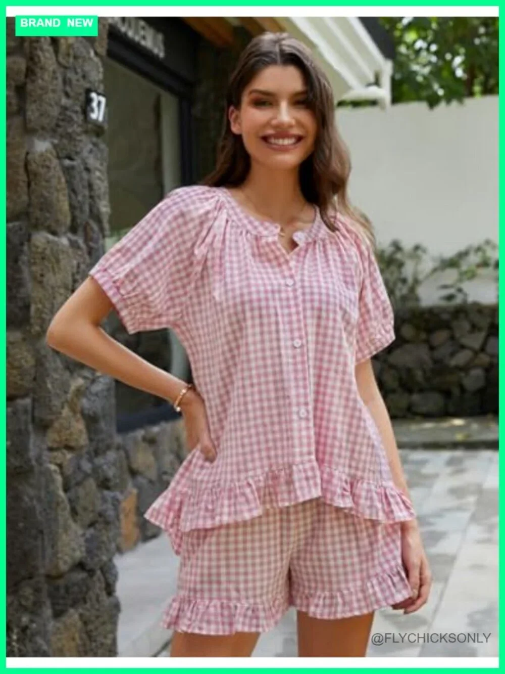 Women's Cotton Gingham Pajama Set - Button Down Top & ruffle Shorts